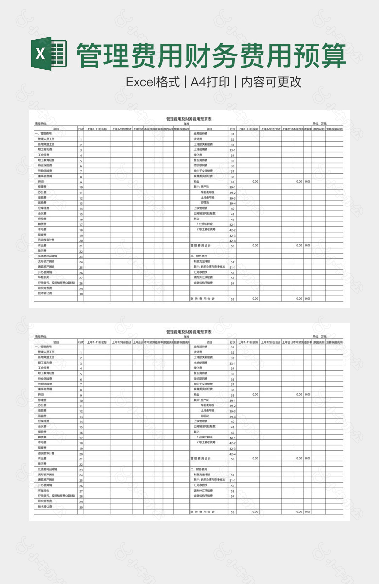 管理费用财务费用预算表