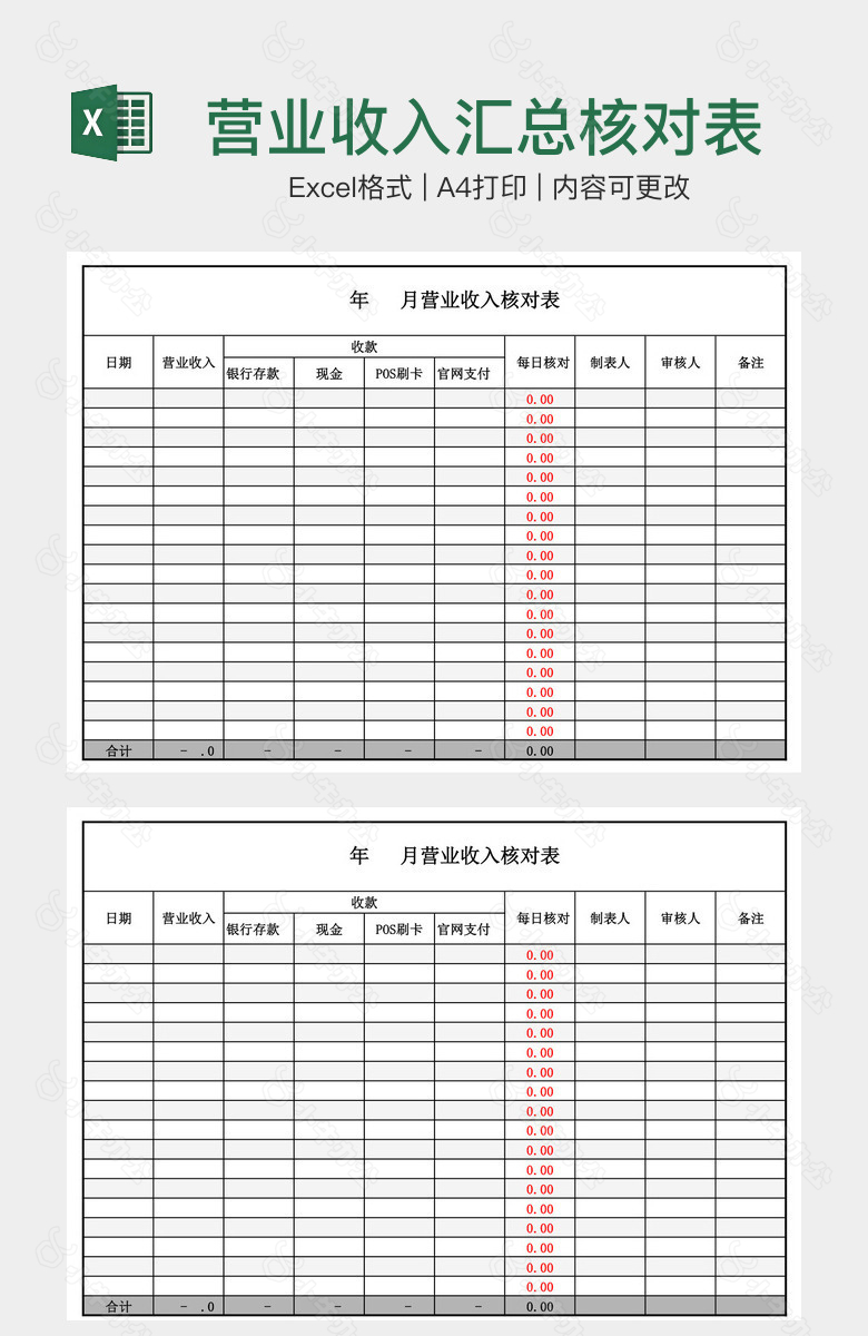 营业收入汇总核对表