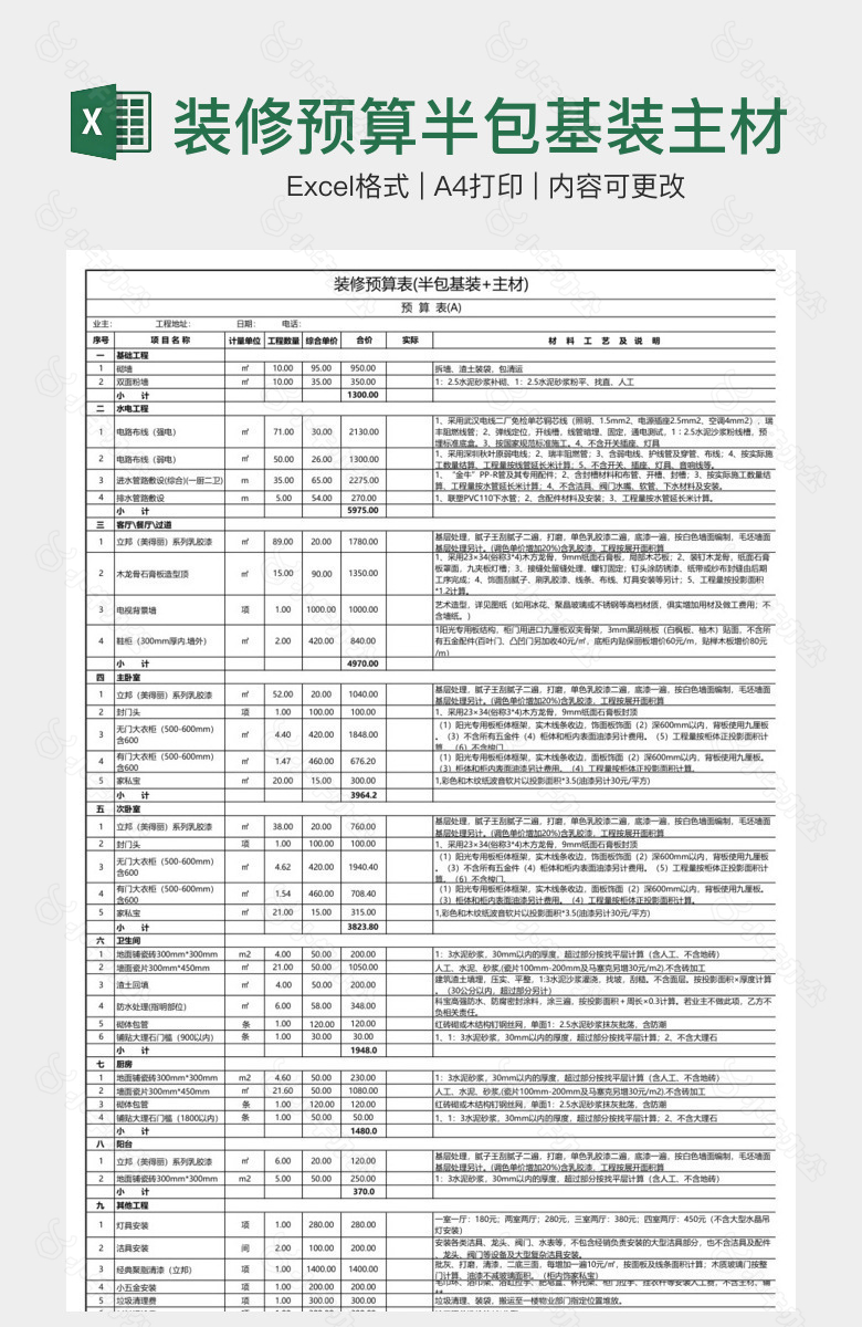 装修预算半包基装主材