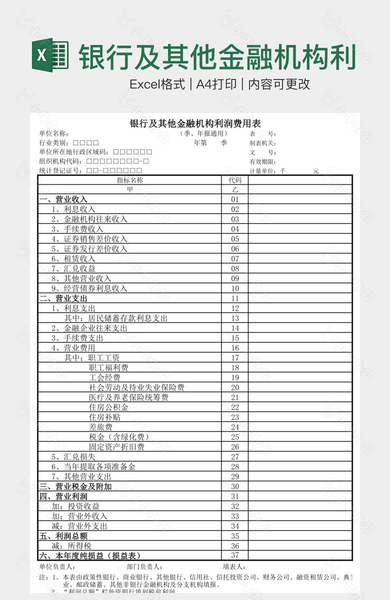 银行及其他金融机构利润费用表