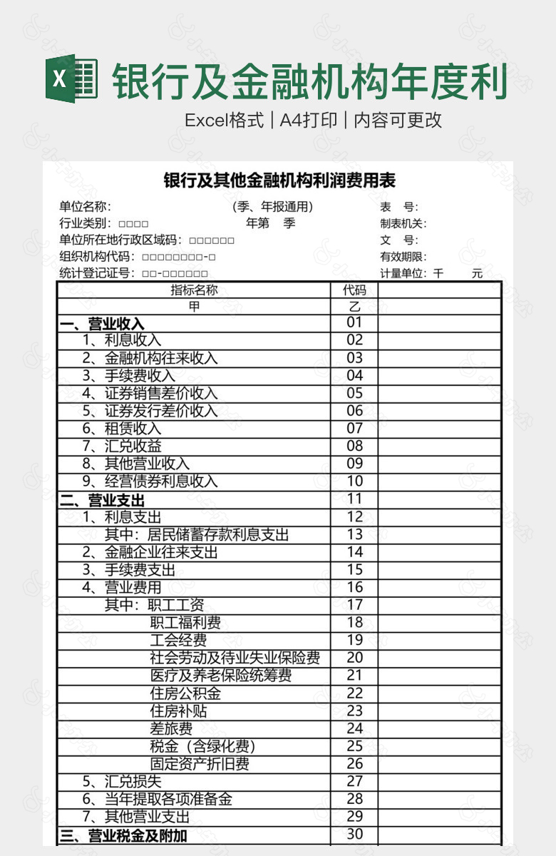 银行及金融机构年度利润费用表