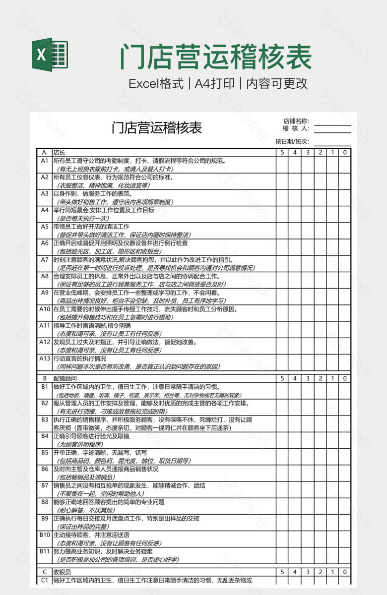 门店营运稽核表