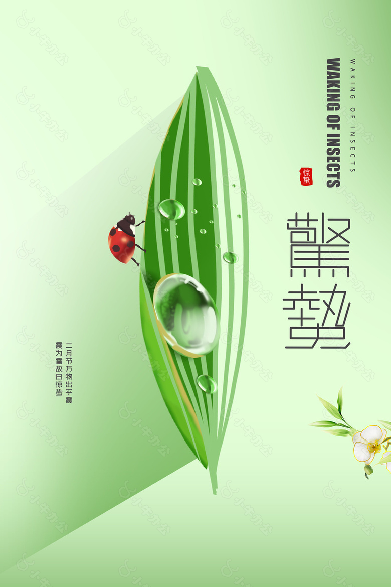 二十四节气之惊蛰昆虫植物简约海报