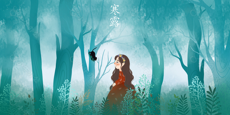 森系女孩林中漫步创意插画背景