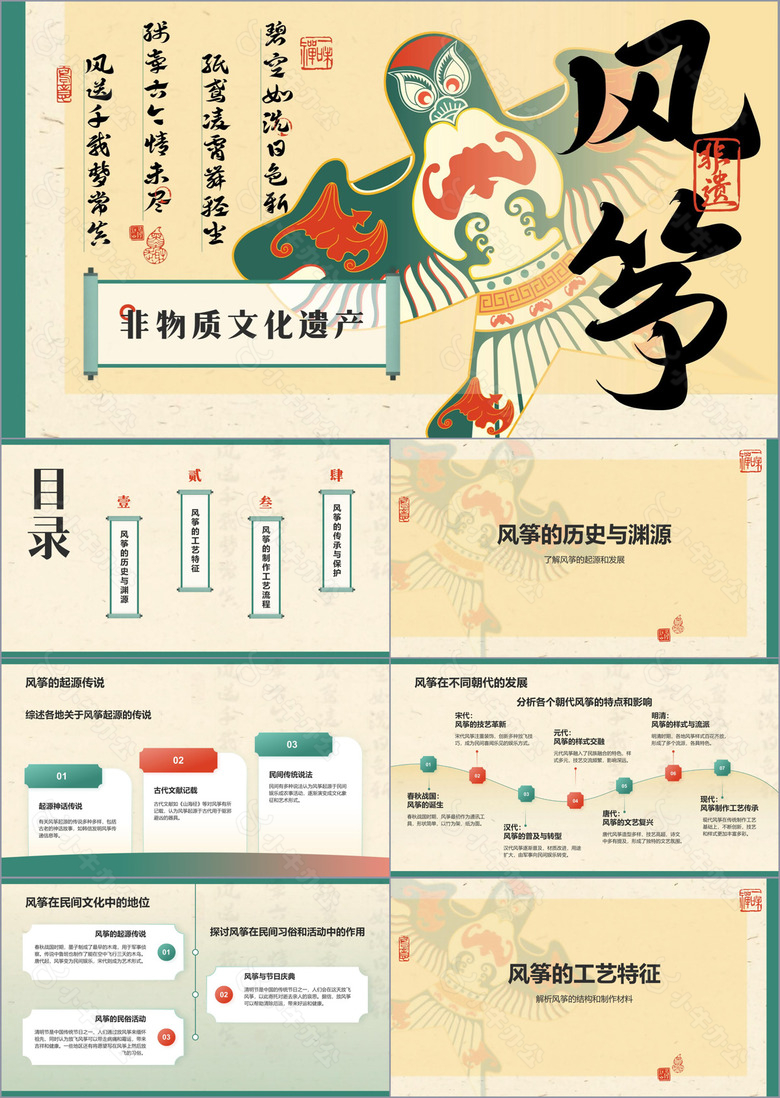 绿色复古风中国非物质文化遗产风筝制作工艺PPT模板