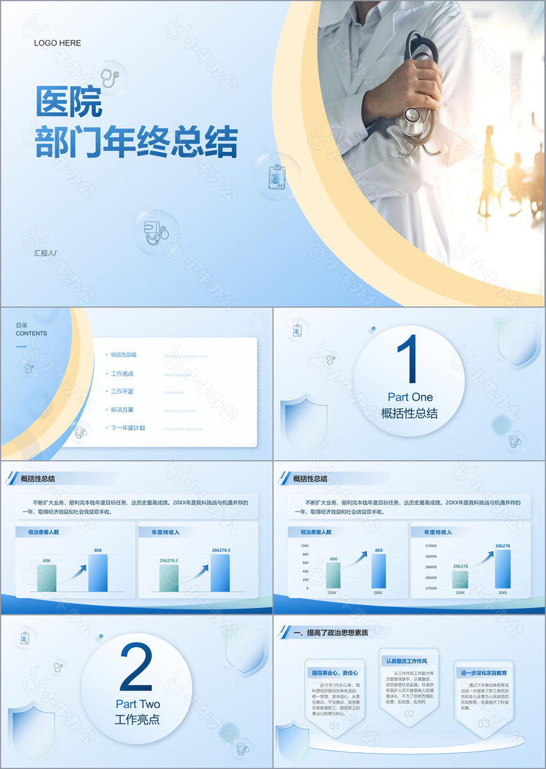 蓝色商务风医院年终总结模板通用PPT模板