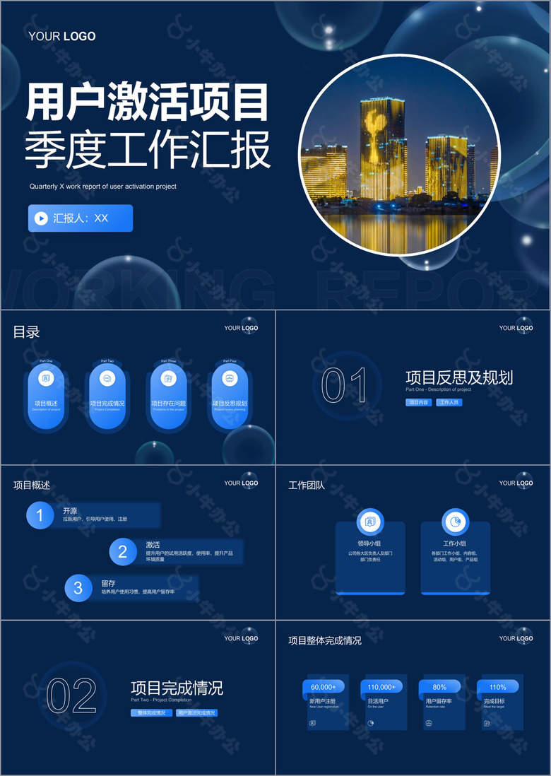 蓝色现代商务用户激活项目工作汇报PPT模板
