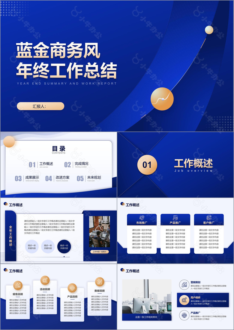蓝金商务风年终工作总结PPT模板