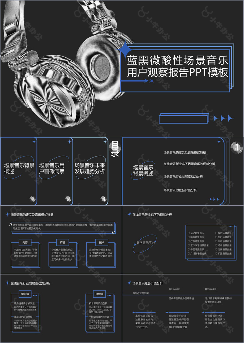 蓝黑微酸性场景音乐用户观察报告PPT模板