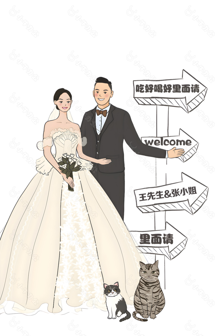 趣味卡通漫画风新郎新娘宠物猫婚礼迎宾牌