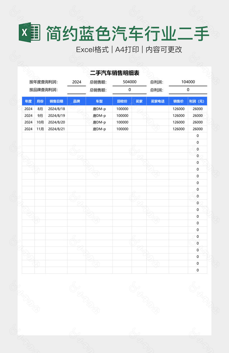 简约蓝色汽车行业二手车销售明细表