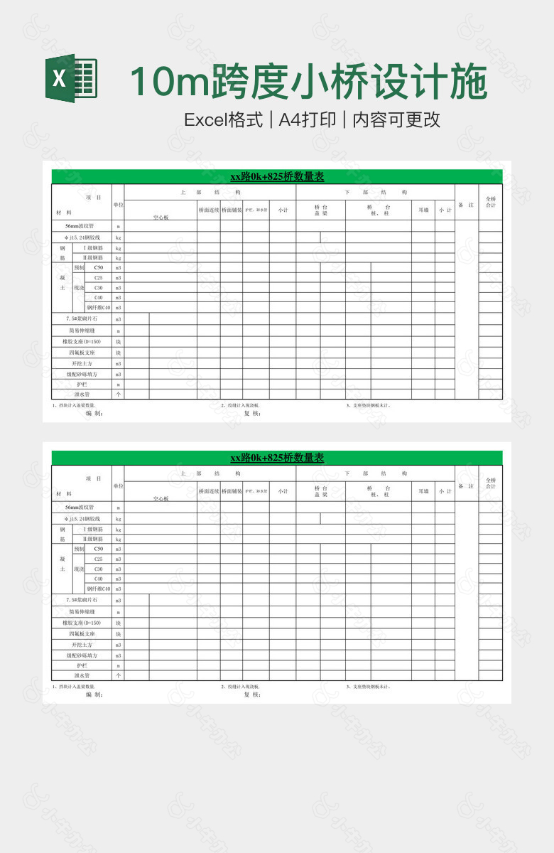 10m跨度小桥设计施工数量表