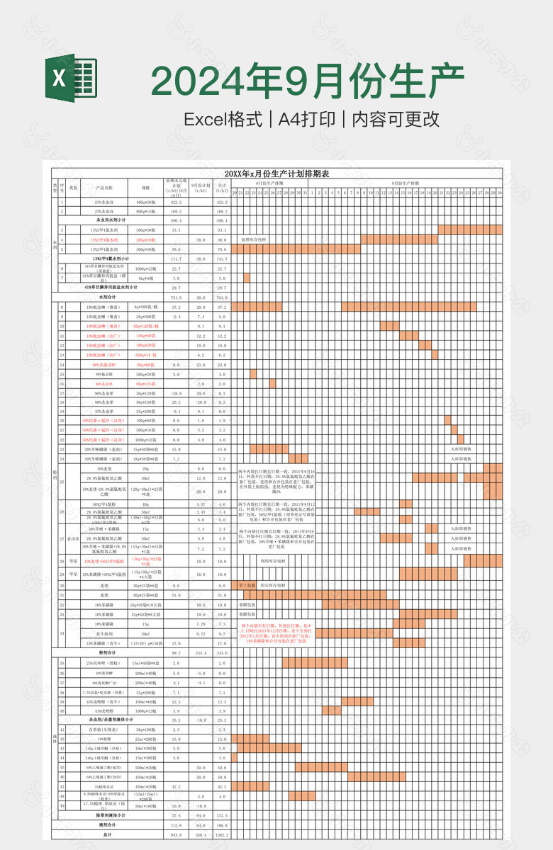 2024年9月份生产计划排期表