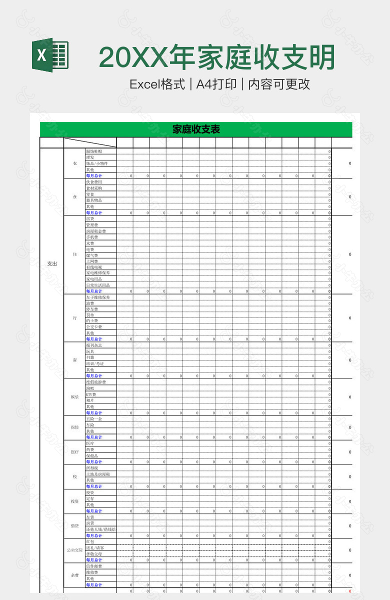 20XX年家庭收支明细表
