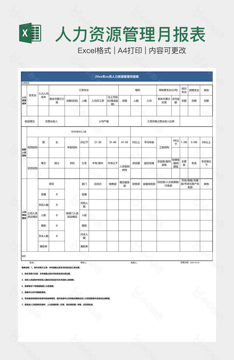 人力资源管理月报表