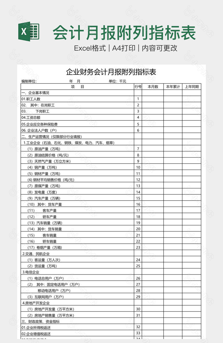 会计月报附列指标表