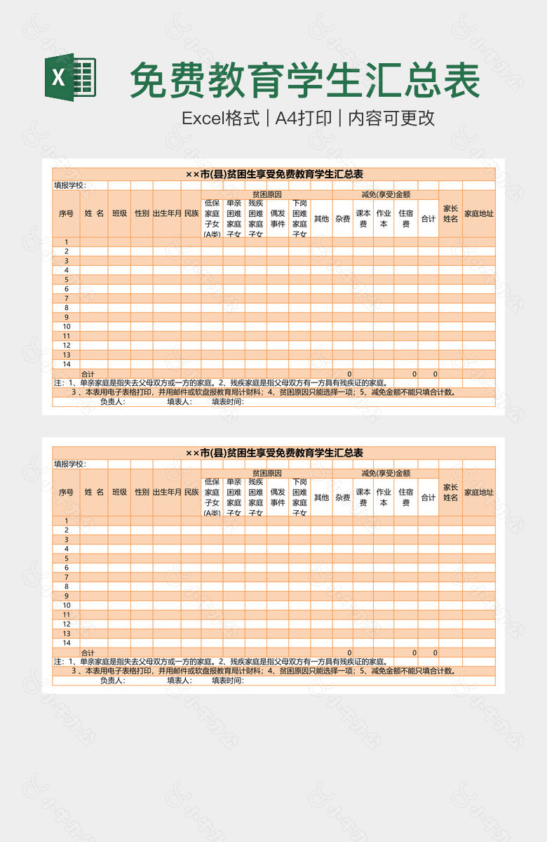 免费教育学生汇总表