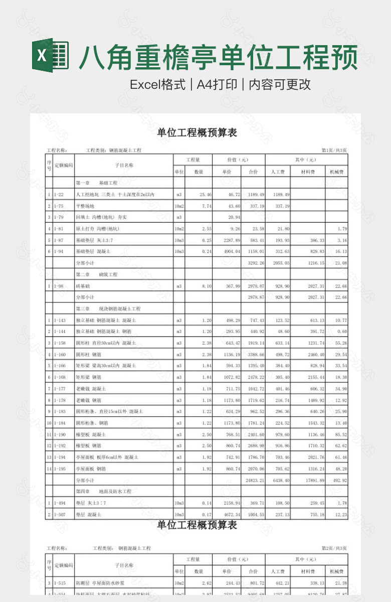 八角重檐亭单位工程预算表