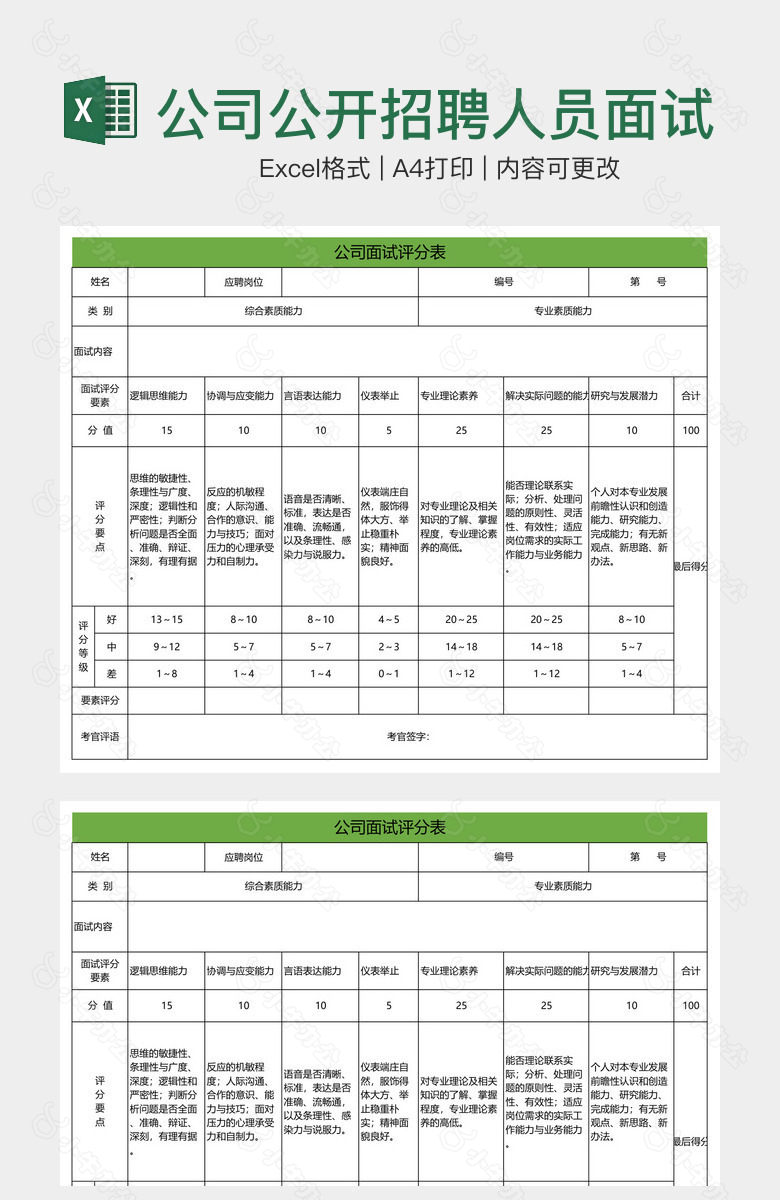 公司公开招聘人员面试评分表