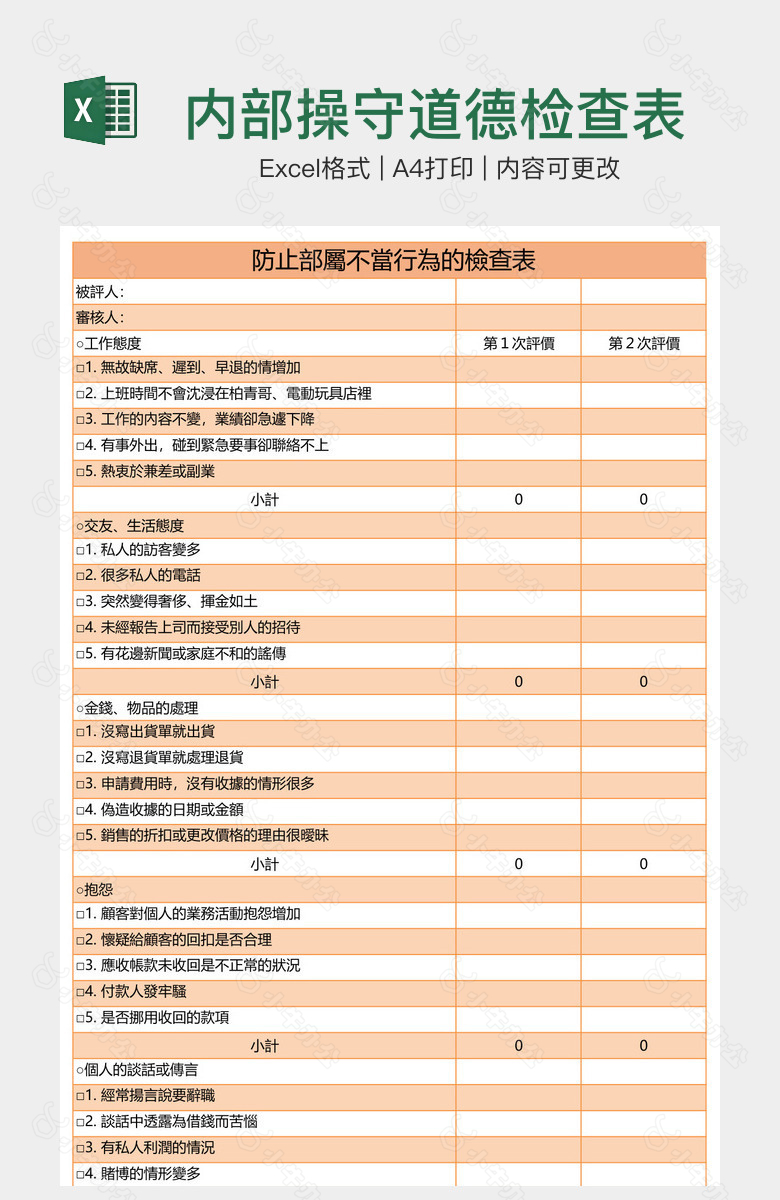 内部操守道德检查表