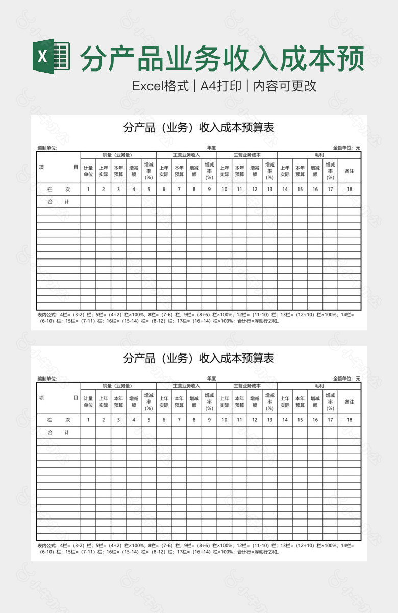 分产品业务收入成本预算表