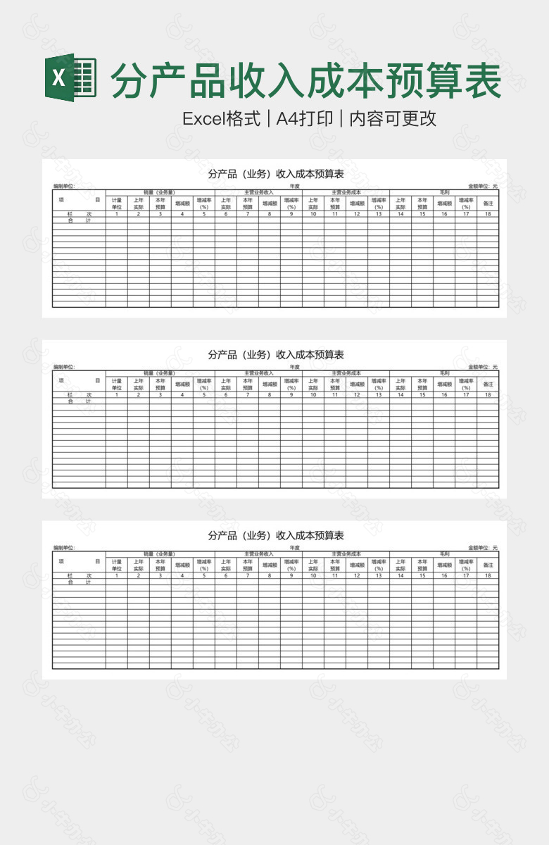 分产品收入成本预算表