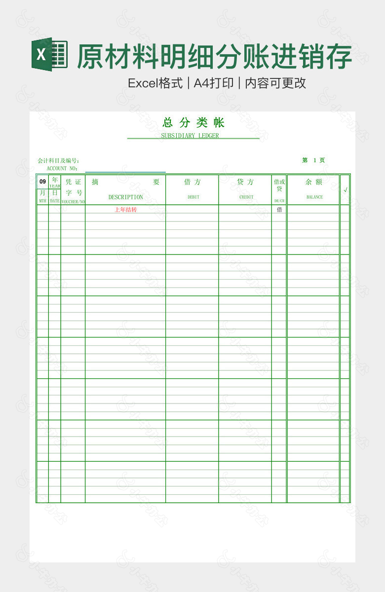 原材料明细分账进销存物资明细账页