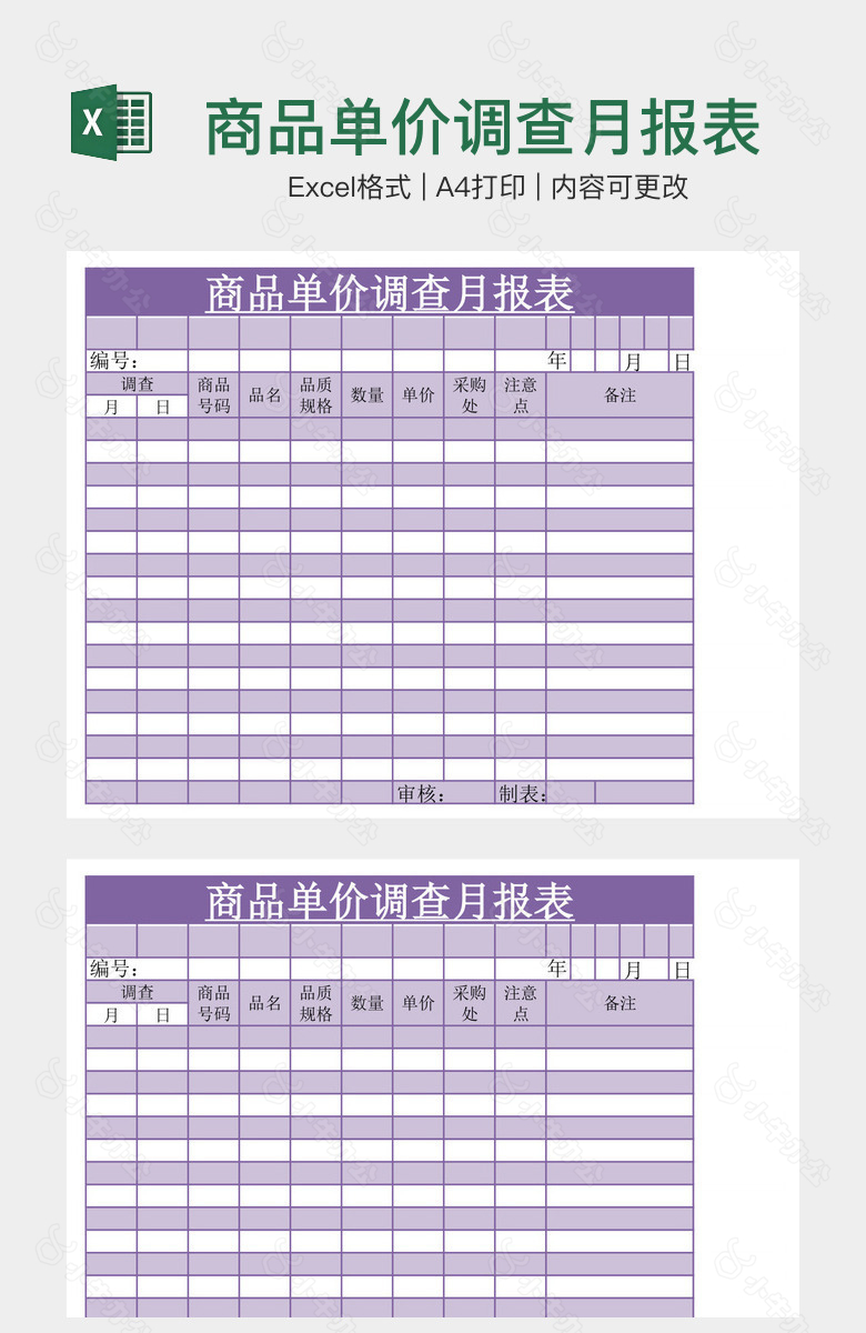 商品单价调查月报表