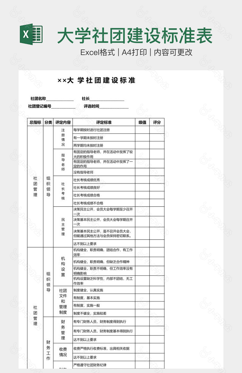 大学社团建设标准表