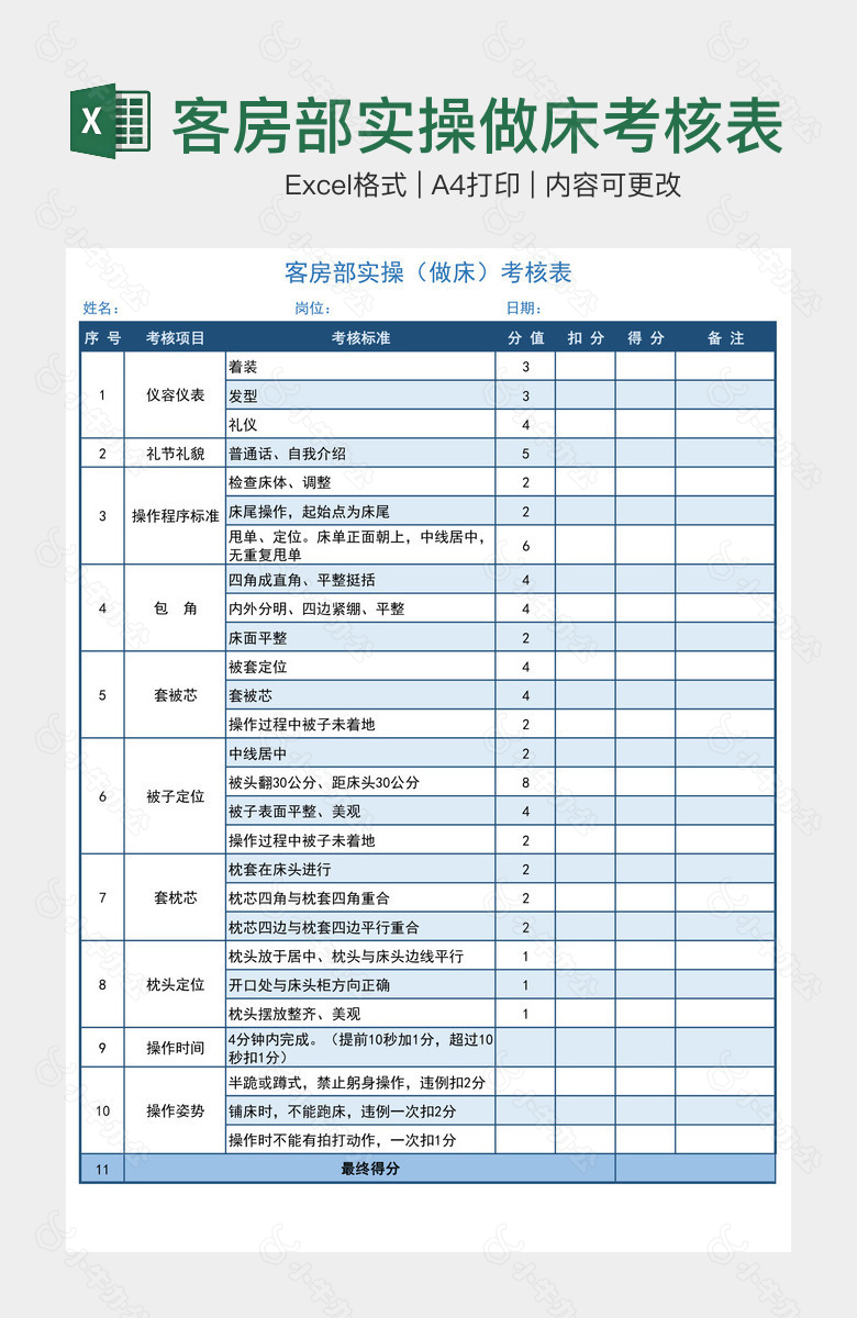 客房部实操做床考核表