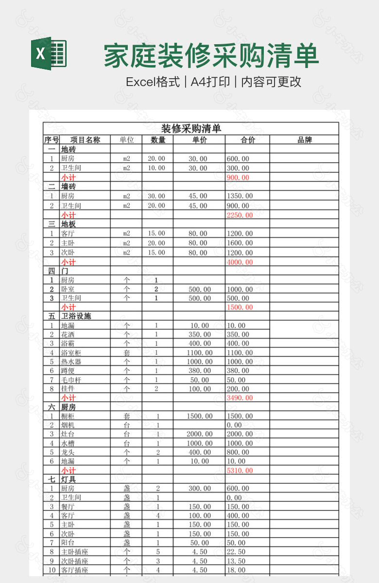 家庭装修采购清单