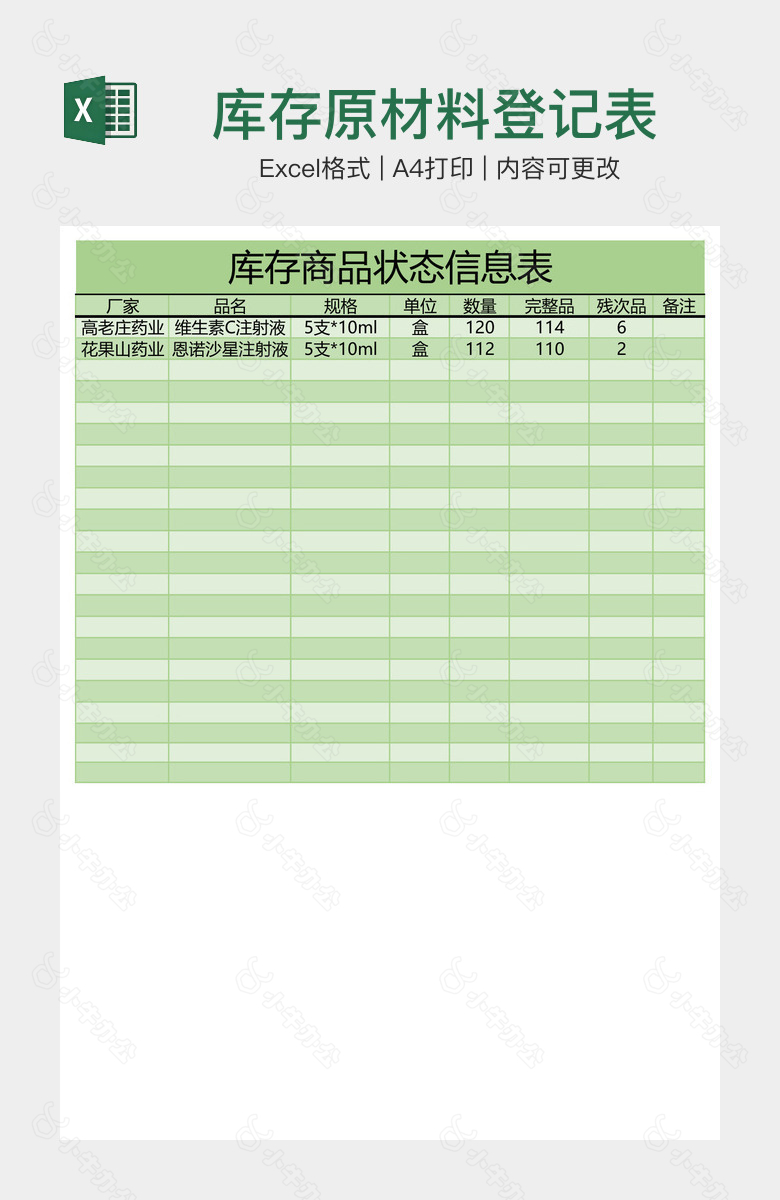 库存原材料登记表