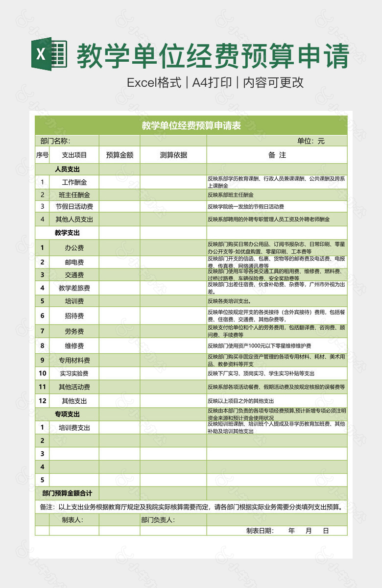 教学单位经费预算申请表