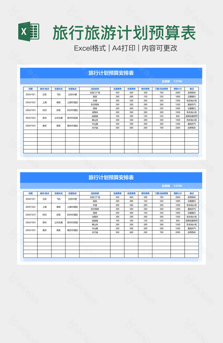 旅行旅游计划预算表
