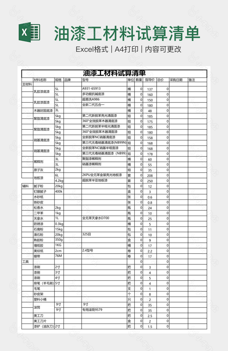 油漆工材料试算清单