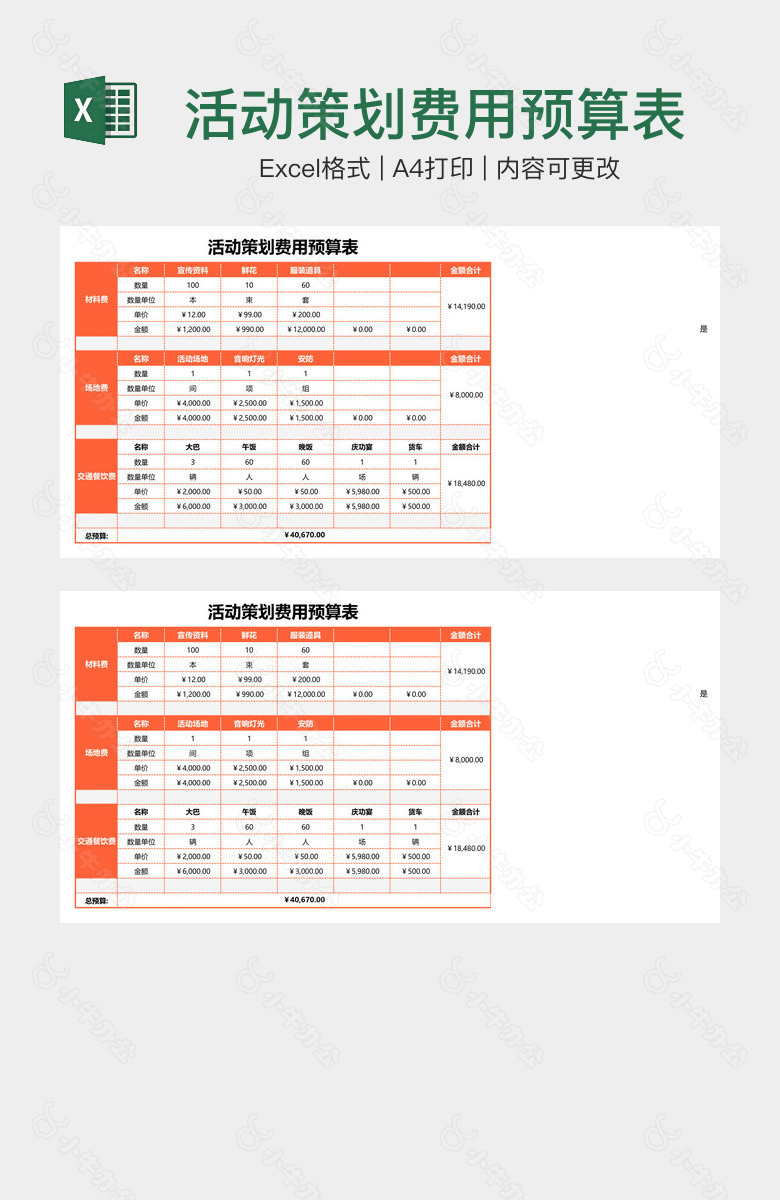 活动策划费用预算表