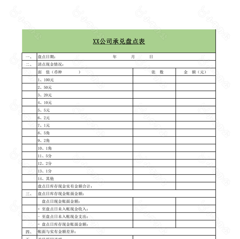 现金票据盘点表及银行调节表no.2