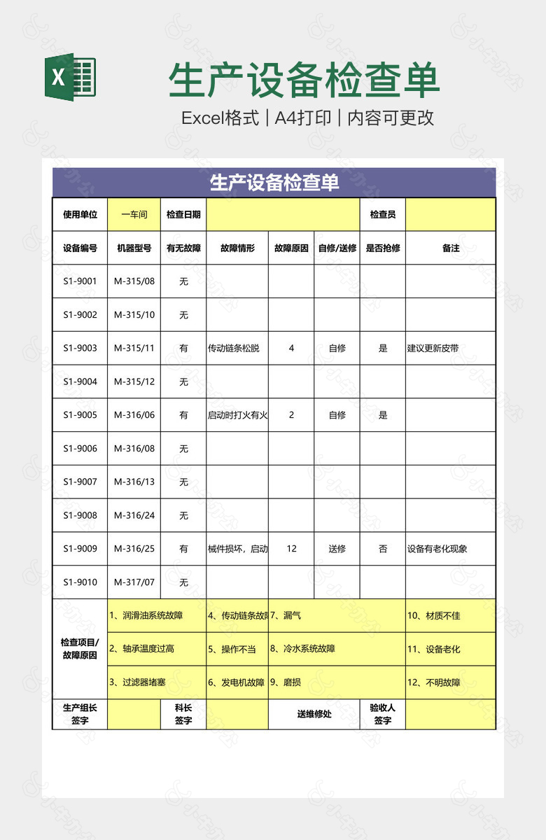 生产设备检查单