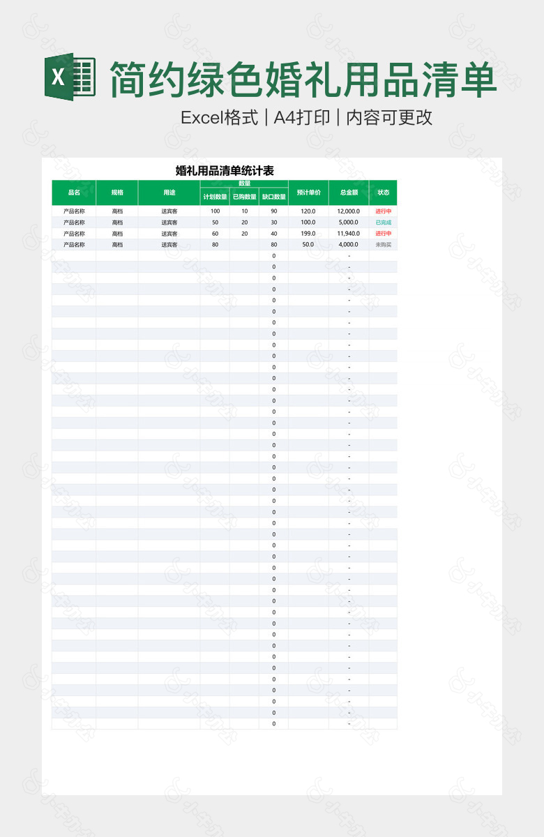 简约绿色婚礼用品清单统计表