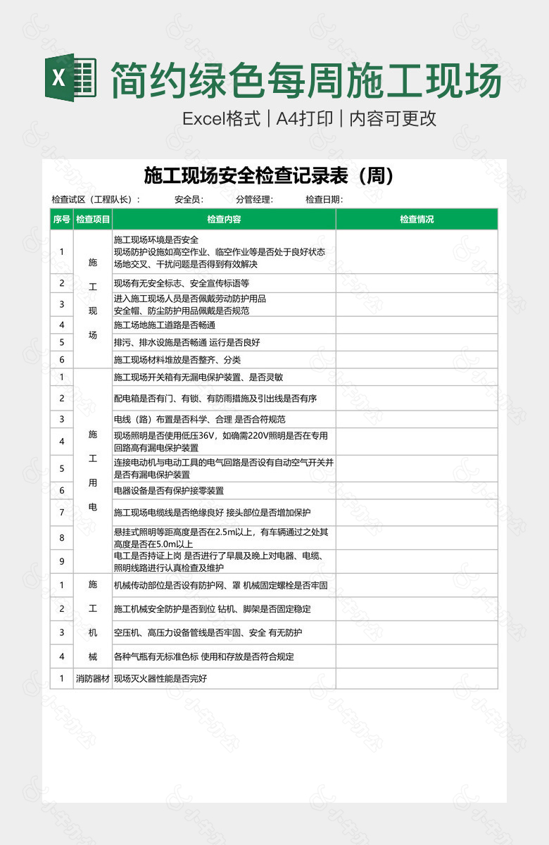 简约绿色每周施工现场安全检查记录表