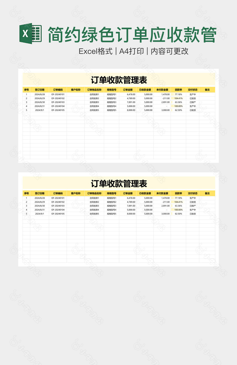 简约绿色订单应收款管理表应收账款明细表