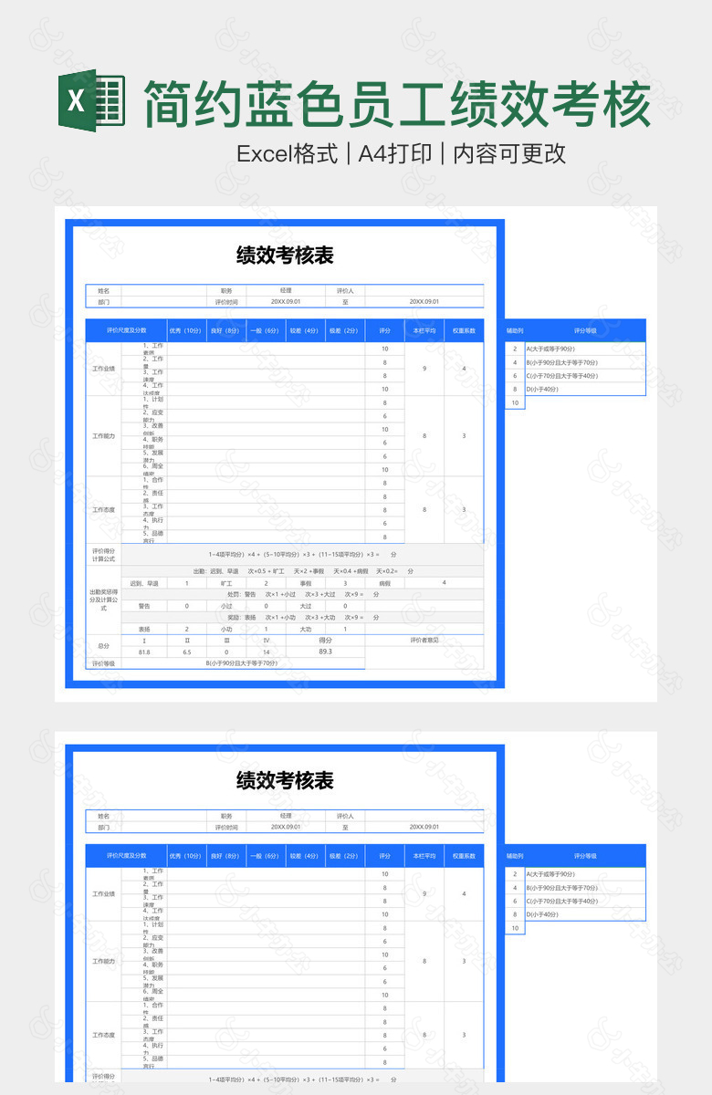 简约蓝色员工绩效考核表