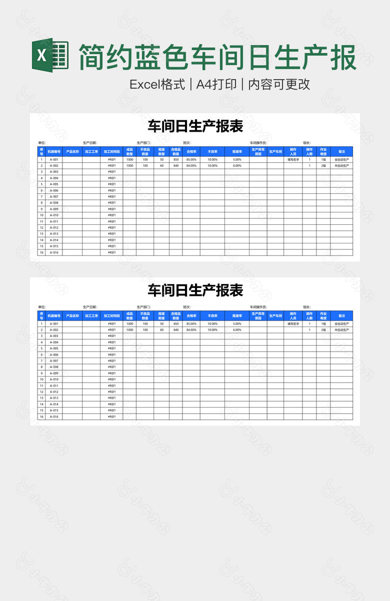 简约蓝色车间日生产报表