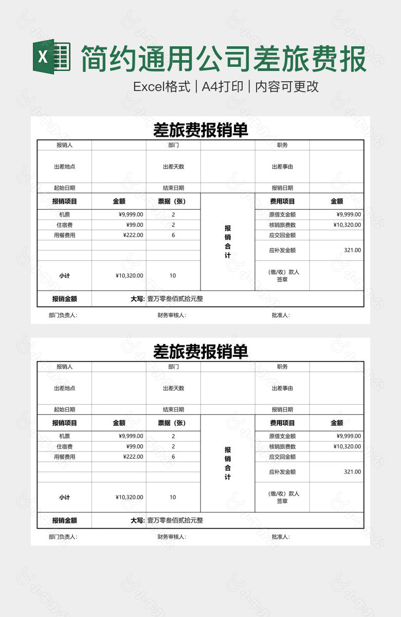 简约通用公司差旅费报销单