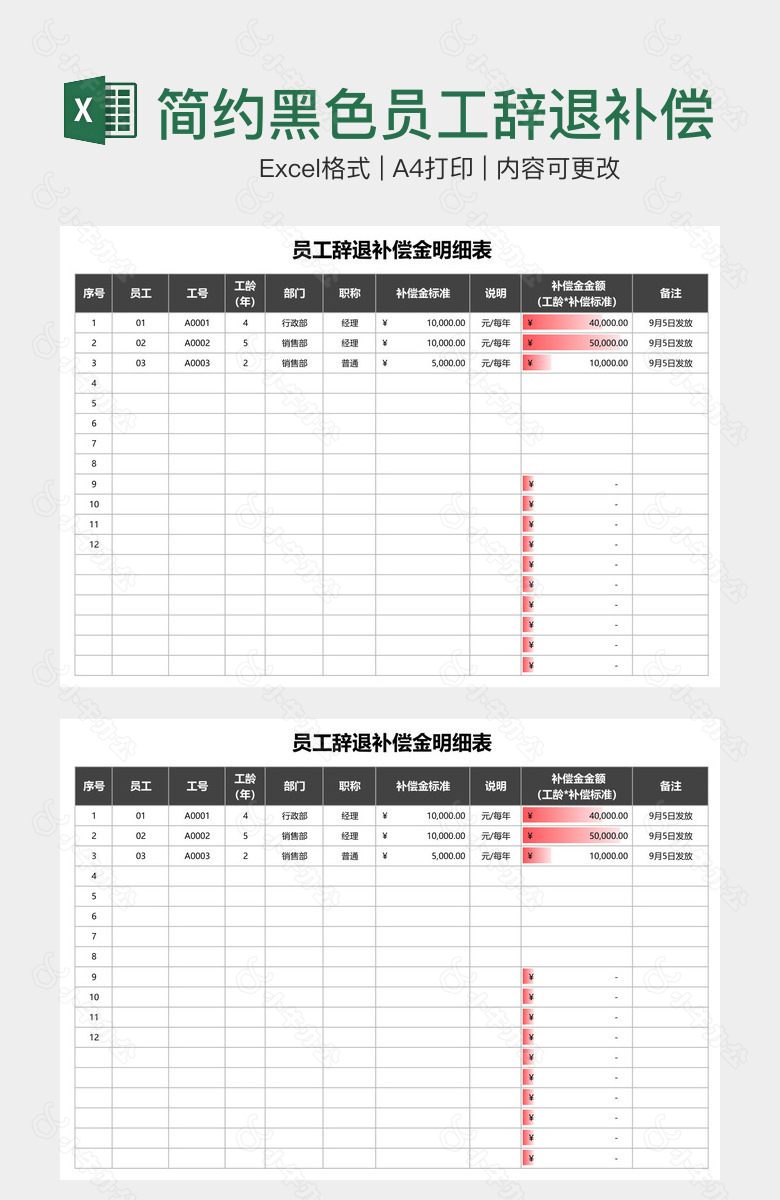 简约黑色员工辞退补偿金明细表