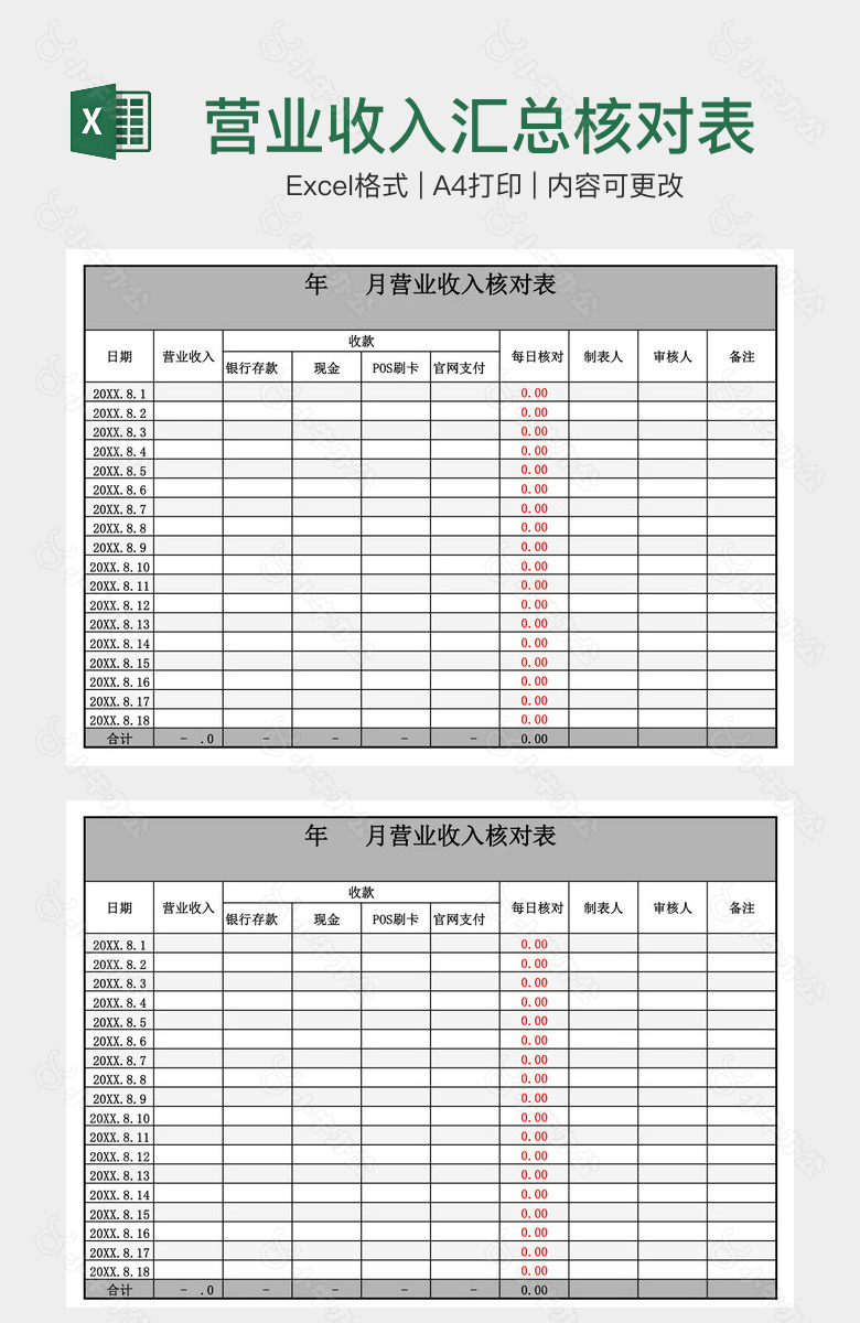 营业收入汇总核对表