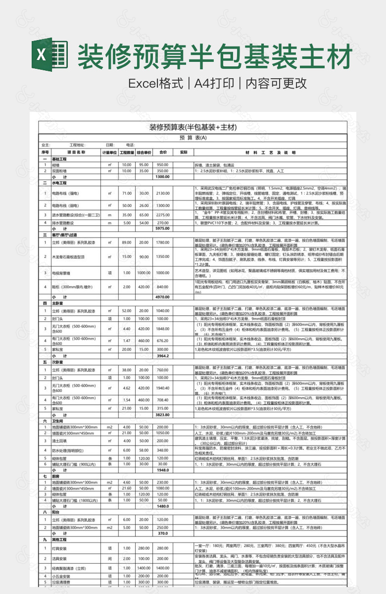 装修预算半包基装主材