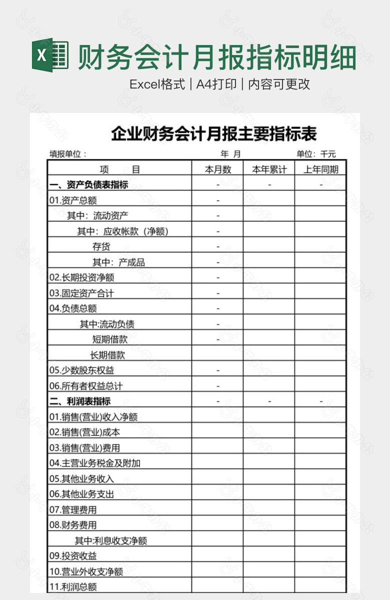 财务会计月报指标明细表