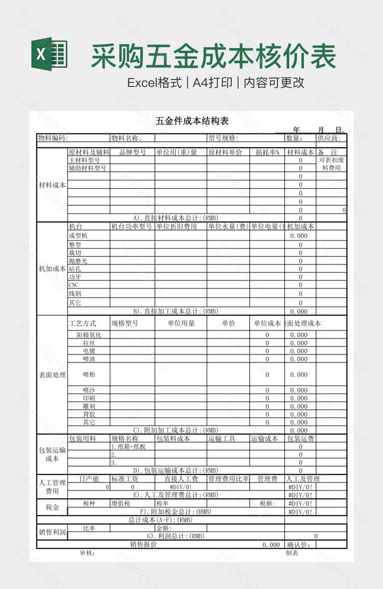 采购五金成本核价表