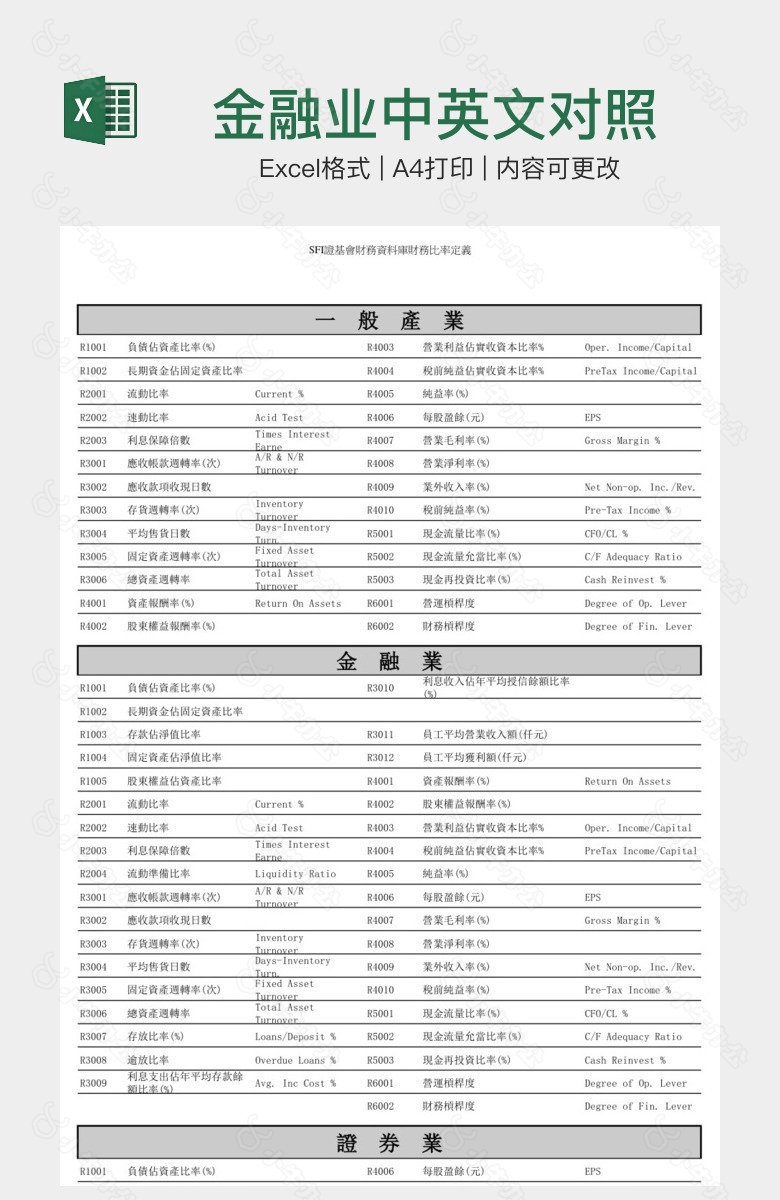 金融业中英文对照